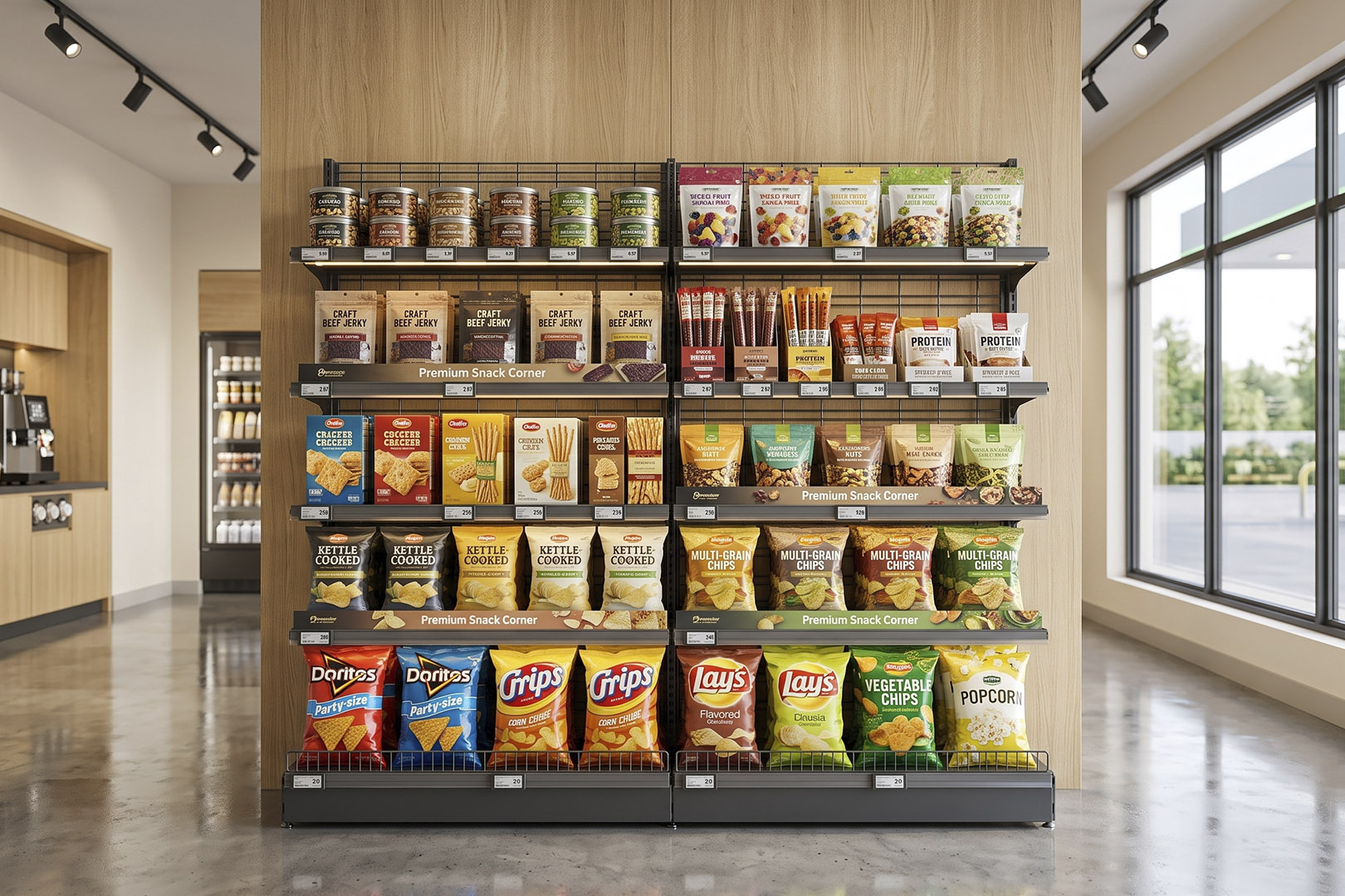 Wall shelving with shelves and wire back panel Wall shelving with shelves and wire back panel