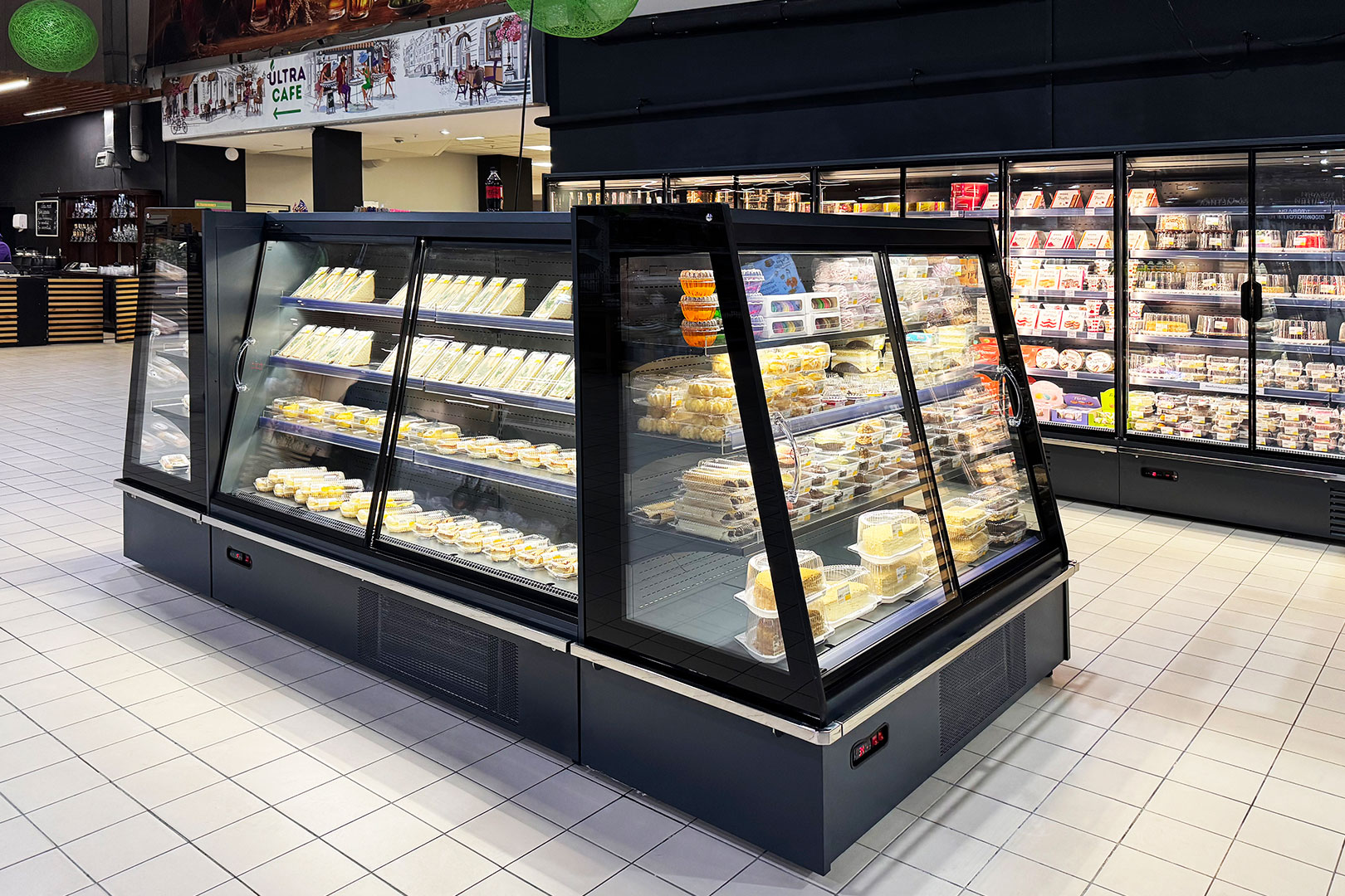 Island of semi-vertical cabinets Indiana eco ASV 070 MT D 160-DLA, refrigerated multideck cabinets Indiana medium AV 085 MT D 210-DLA, Ultramarket supermarket, Ukraine Island of semi-vertical cabinets Indiana eco ASV 070 MT D 160-DLA, refrigerated multideck cabinets Indiana medium AV 085 MT D 210-DLA, Ultramarket supermarket, Ukraine