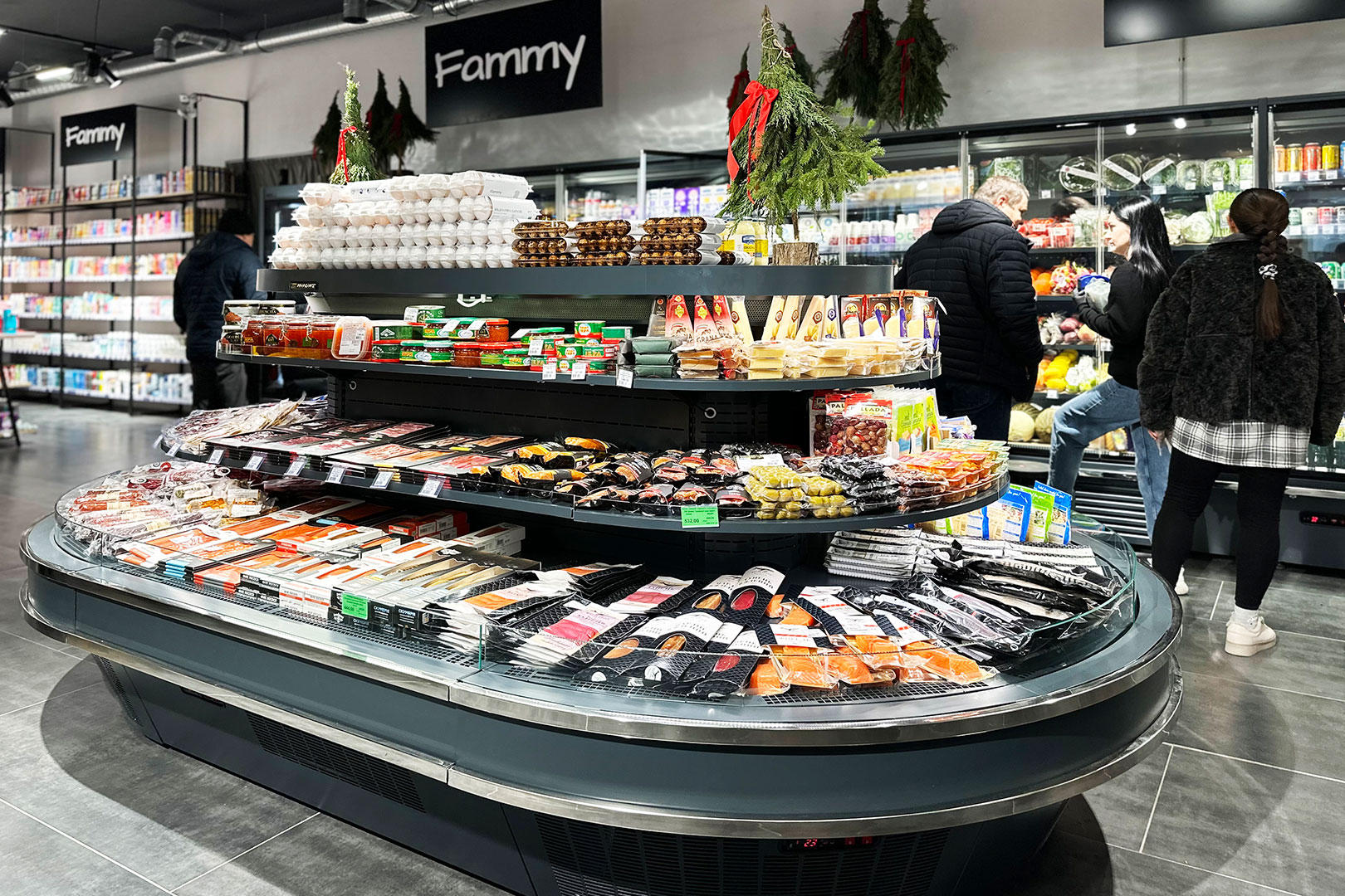 Island of semi-vertical cabinets Мissouri cold diamond island MV 095 deli self 130-DLA, refrigerated multideck cabinets Indiana medium AV 085 MT D 210-DLА, convenience store Fammy, Ukraine Island of semi-vertical cabinets Мissouri cold diamond island MV 095 deli self 130-DLA, refrigerated multideck cabinets Indiana medium AV 085 MT D 210-DLА, convenience store Fammy, Ukraine