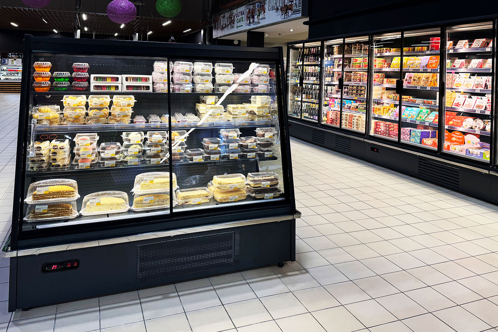 Island of semi-vertical cabinets Indiana eco ASV 070 MT D 160-DLA, refrigerated multideck cabinets Indiana medium AV 085 MT D 210-DLA, Ultramarket supermarket, Ukraine Island of semi-vertical cabinets Indiana eco ASV 070 MT D 160-DLA, refrigerated multideck cabinets Indiana medium AV 085 MT D 210-DLA, Ultramarket supermarket, Ukraine