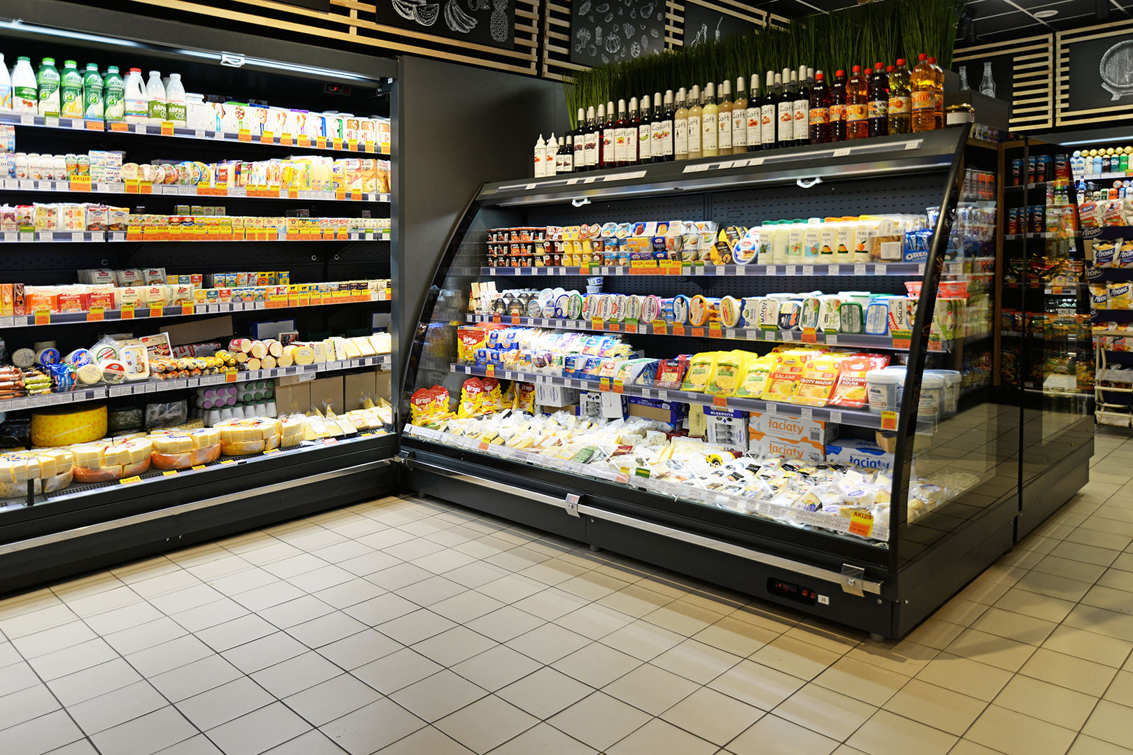 Semi-vertical cabinet Indiana eco MSV 070 MT O 130-DLA, refrigerated multideck cabinets Indiana 2 MV 070 MT O 205-DLM, Food House convenience store, Ukraine Semi-vertical cabinet Indiana eco MSV 070 MT O 130-DLA, refrigerated multideck cabinets Indiana 2 MV 070 MT O 205-DLM, Food House convenience store, Ukraine