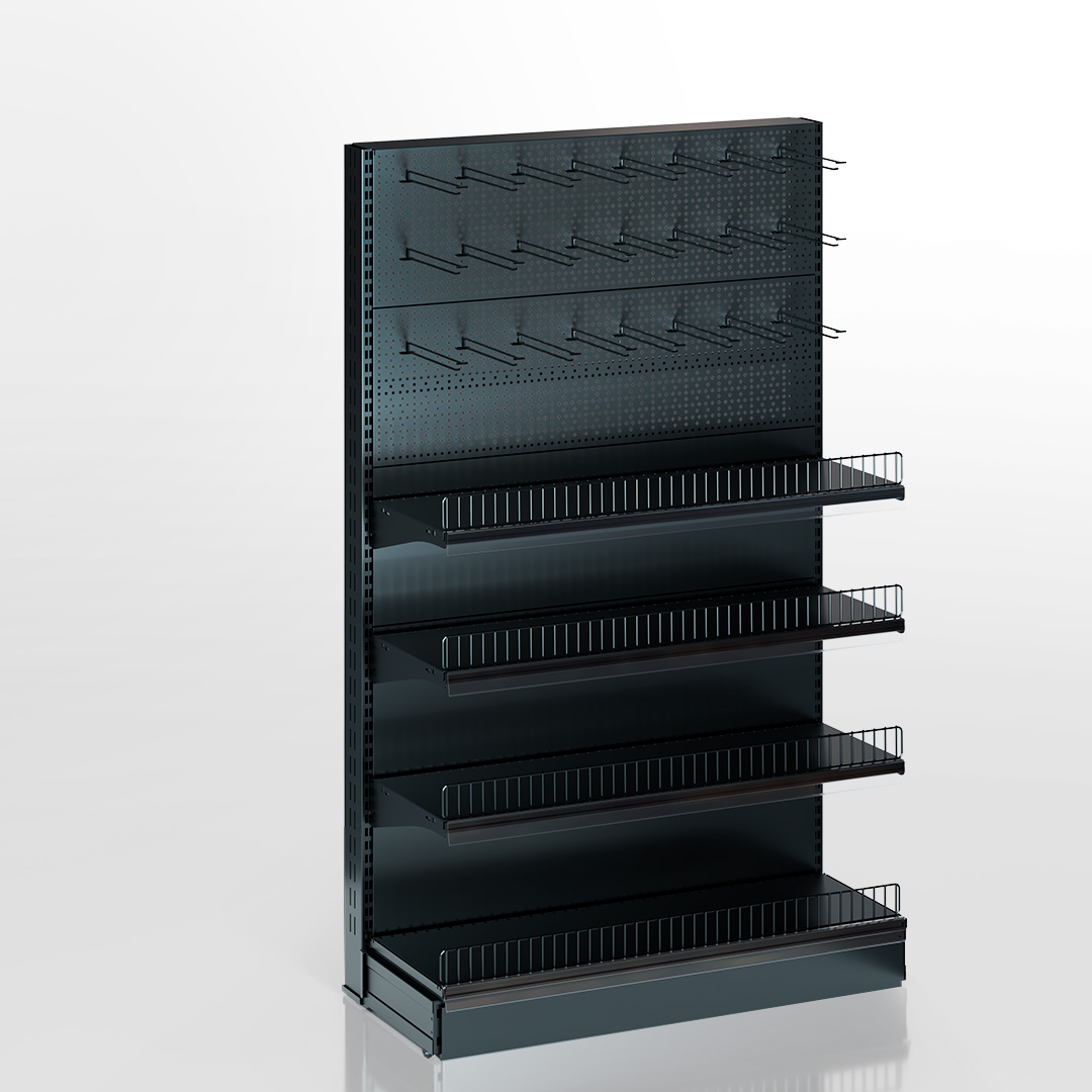 Wall shelving with perforated panels and hooks Wall shelving with perforated panels and hooks