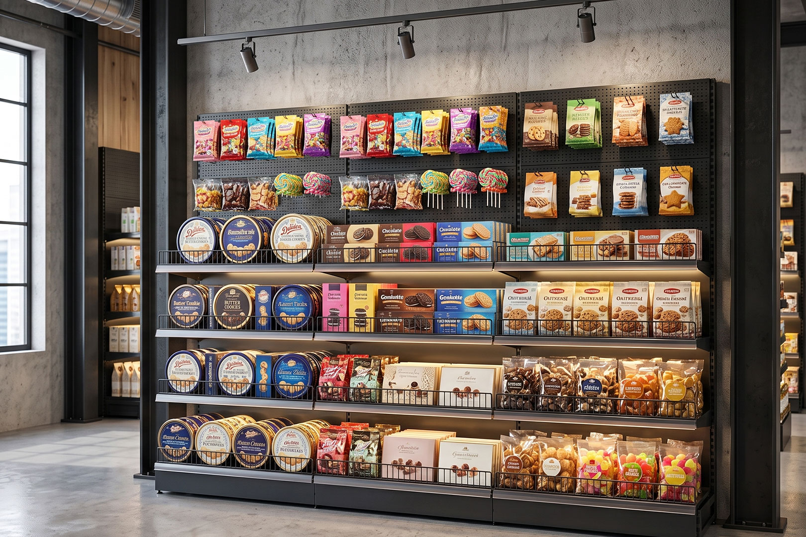 Wall shelving with perforated panels and hooks Wall shelving with perforated panels and hooks