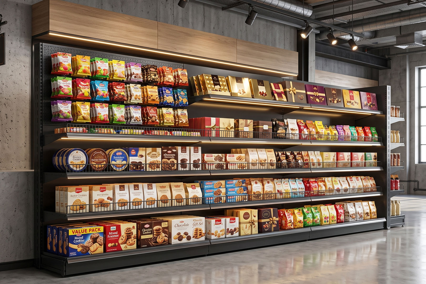 Wall shelving with perforated panels and hooks Wall shelving with perforated panels and hooks