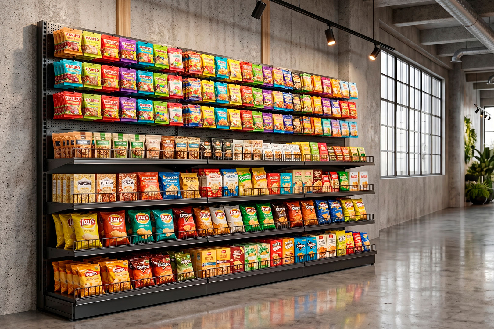 Wall shelving with perforated panels and hooks Wall shelving with perforated panels and hooks